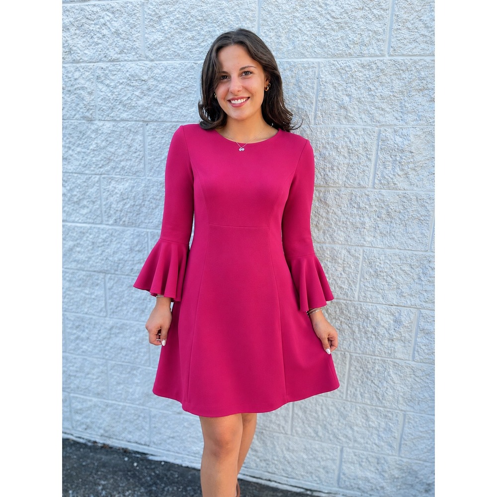 Trina Turk Crepe Knit Cocktail Dress Magenta Pink Bell Sleeves 6 A-Line Modest